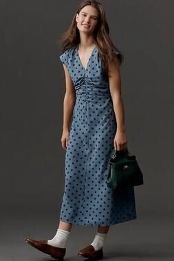 NWT Lisa Says Gah Oxford Dot Ruched Midi Dress Blue Polka Dot XS